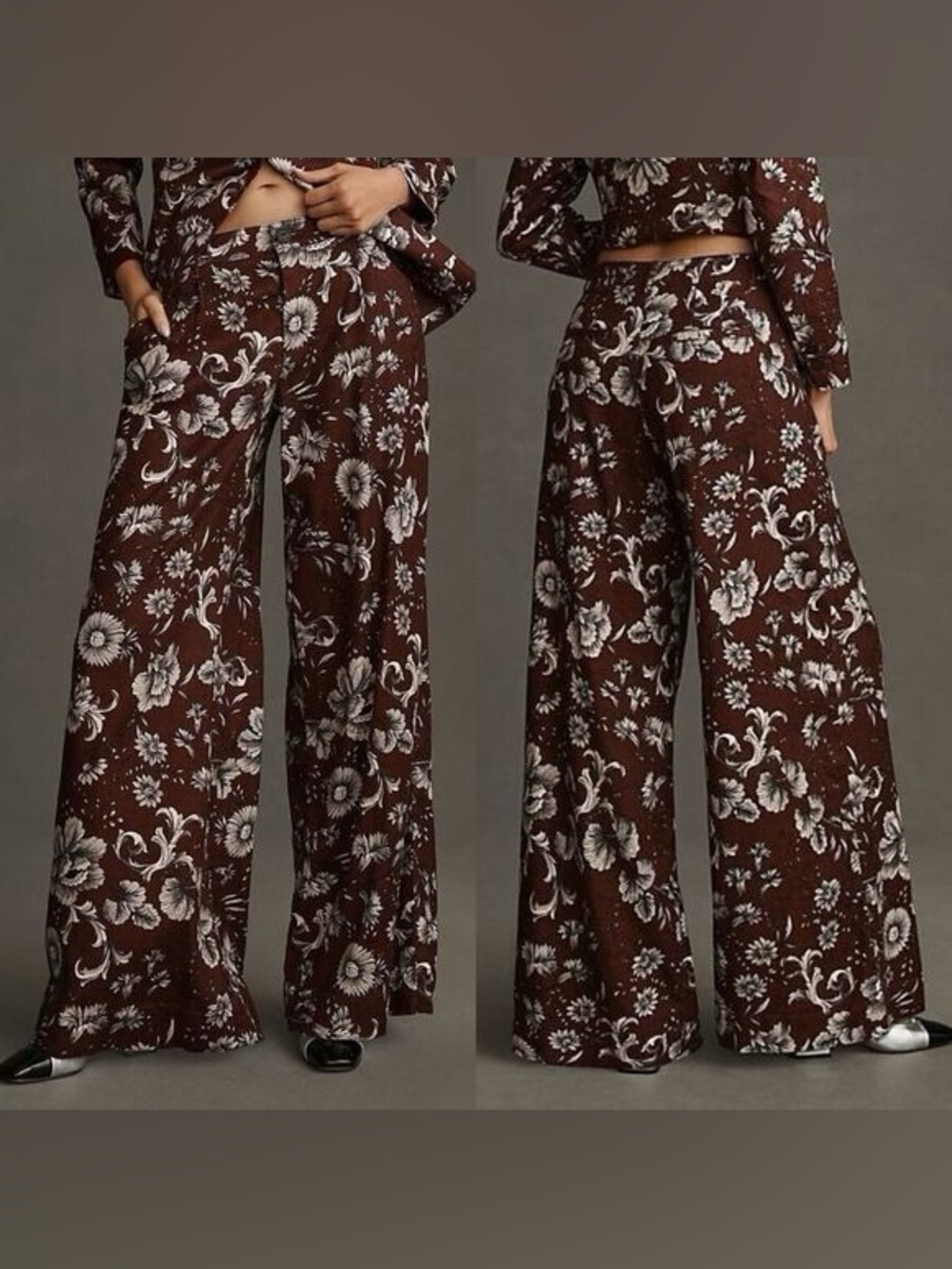 Anthropologie burgundy brown and white floral leaf print pattern wide leg pants